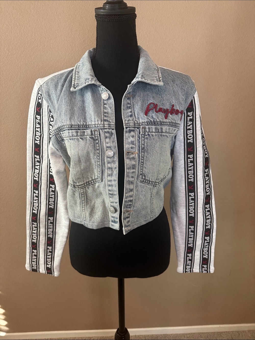 PLAYBOY Light Wash Denim Cropped Jacket with White Logo Sleeves